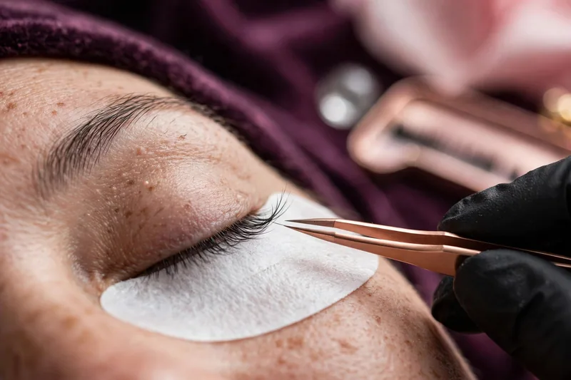 Eyelash extensions being applied, one lash at a time