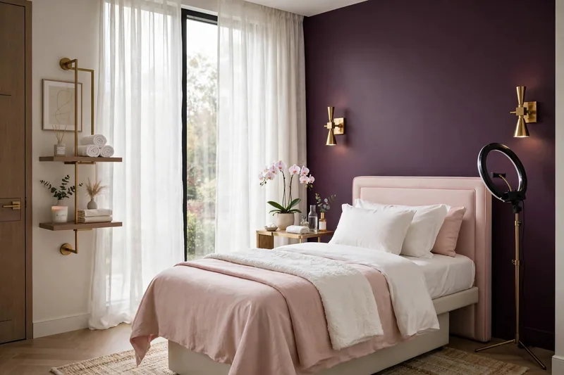 A calm, private beauty treatment suite with a treatment bed, blush linens and a ring light
